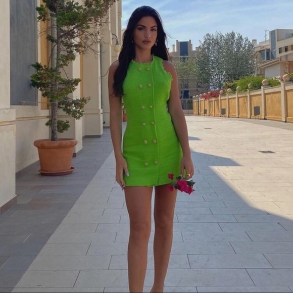 Zara Lime Green Tweed Dress - Picture 2 of 10